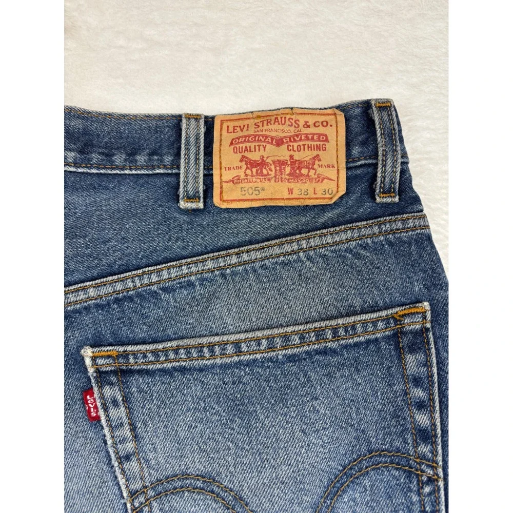Levis 505 Men's 38x30 Y2K Medium Dark Wash Jeans Blue Distressed Waist Knee Fade